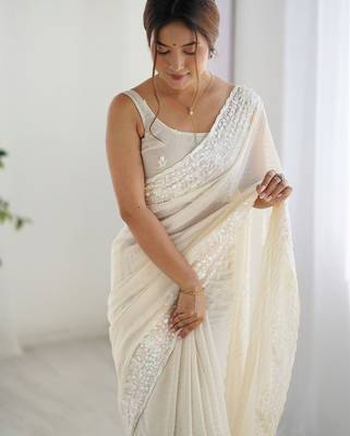 Off white embellished sequinned saree 5