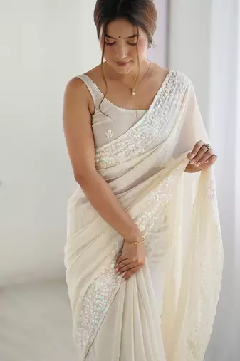 Off white embellished sequinned saree