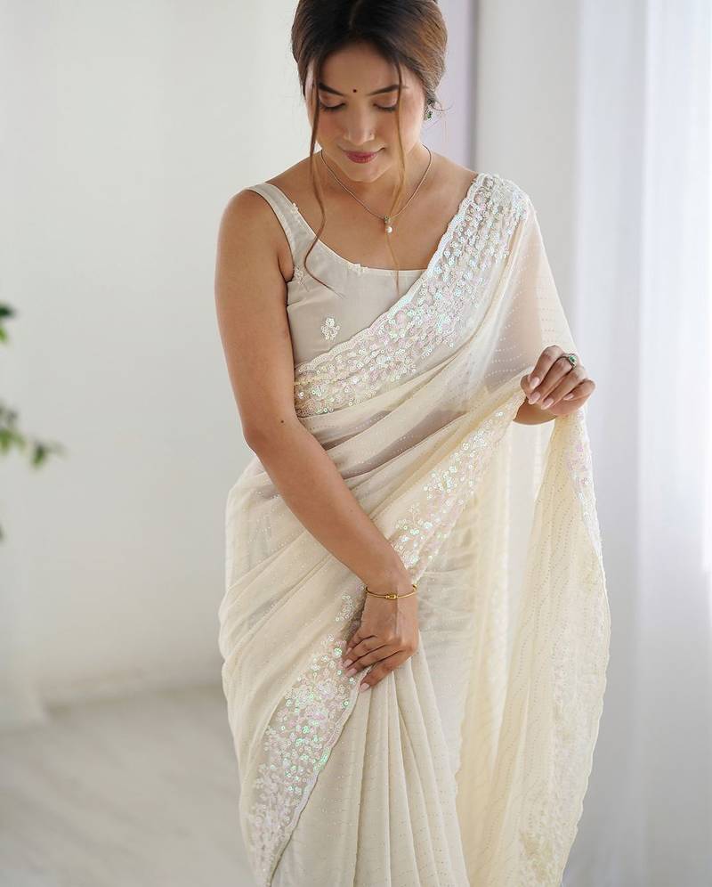 Off white embellished sequinned saree