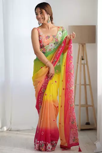 Yellow floral embellished sequinned saree