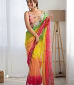 Yellow floral embellished sequinned saree