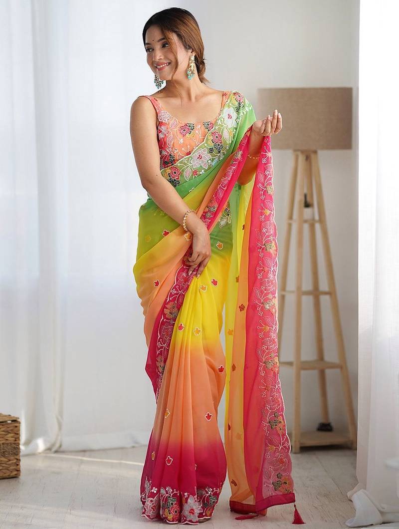 Yellow floral embellished sequinned saree