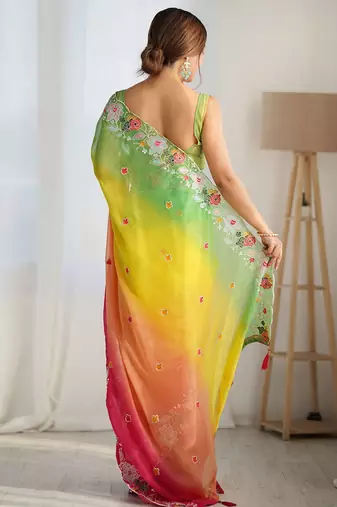 Yellow floral embellished sequinned saree