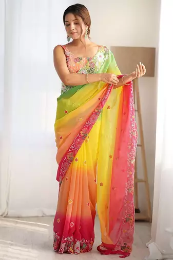 Yellow floral embellished sequinned saree
