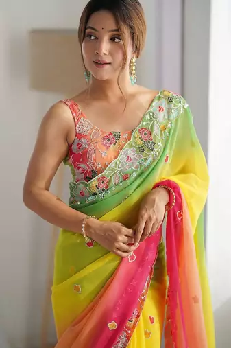 Yellow floral embellished sequinned saree