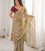 Gold floral satin heavy work saree