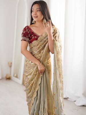 Gold floral satin heavy work saree 2