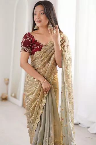 Gold floral satin heavy work saree