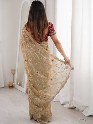 Gold floral satin heavy work saree 3