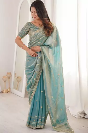 Teal embellished embroidered satin designer saree