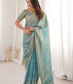 Teal embellished embroidered satin designer saree