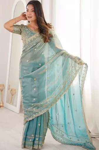 Teal embellished embroidered satin designer saree
