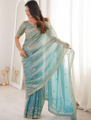Teal embellished embroidered satin designer saree 3