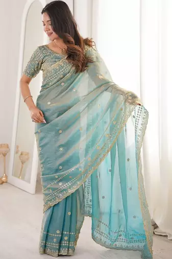 Teal embellished embroidered satin designer saree