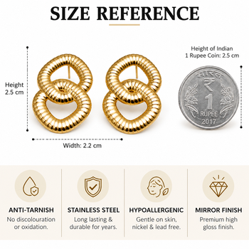 Gold-toned double ring ribbed stud earrings, anti-tarnish 3