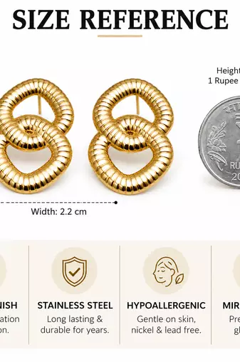 Gold-toned double ring ribbed stud earrings, anti-tarnish