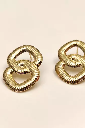 Gold-toned double ring ribbed stud earrings, anti-tarnish
