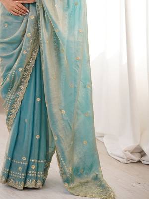 Teal embellished embroidered satin designer saree 5