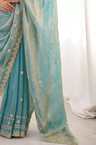 Teal embellished embroidered satin designer saree