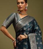 Teal floral woven design banarasi silk saree