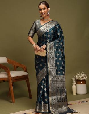 Teal floral woven design banarasi silk saree 2