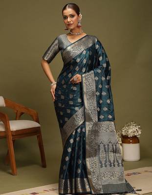Teal floral woven design banarasi silk saree 4