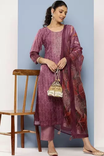 women printed regular thread work kurta with trousers & with dupatta