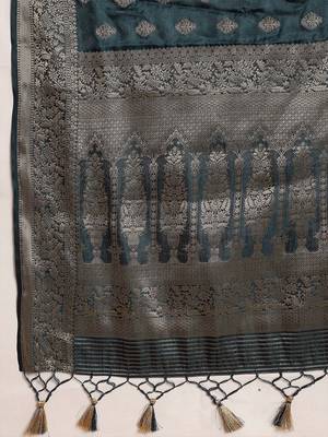 Teal floral woven design banarasi silk saree 5