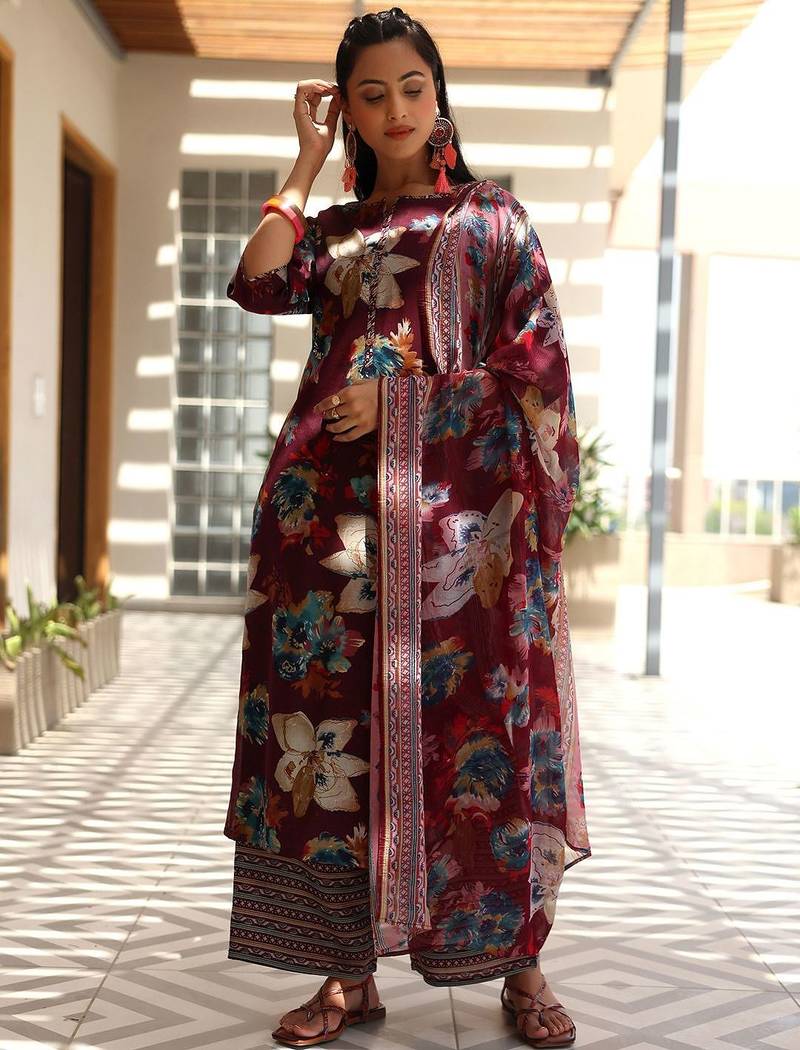 women floral printed regular kurta with palazzos & with dupatta