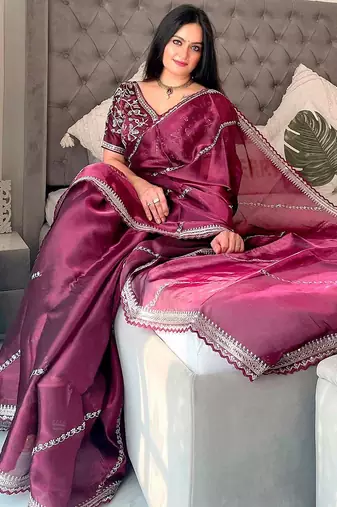 Purple embellished embroidered organza saree