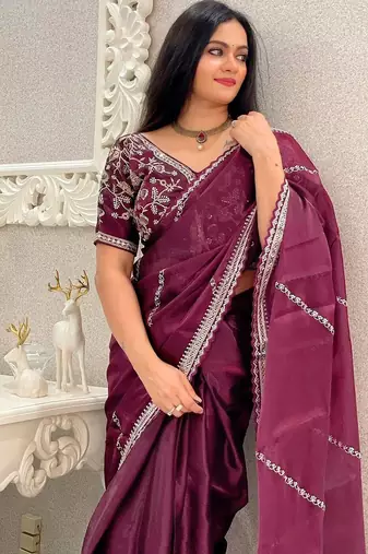 Purple embellished embroidered organza saree