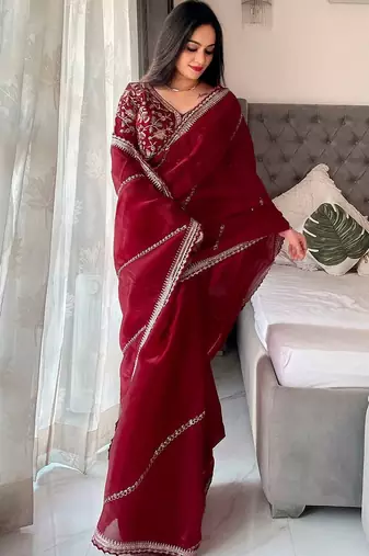 Maroon embellished embroidered organza saree