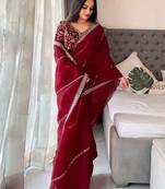 Maroon embellished embroidered organza saree