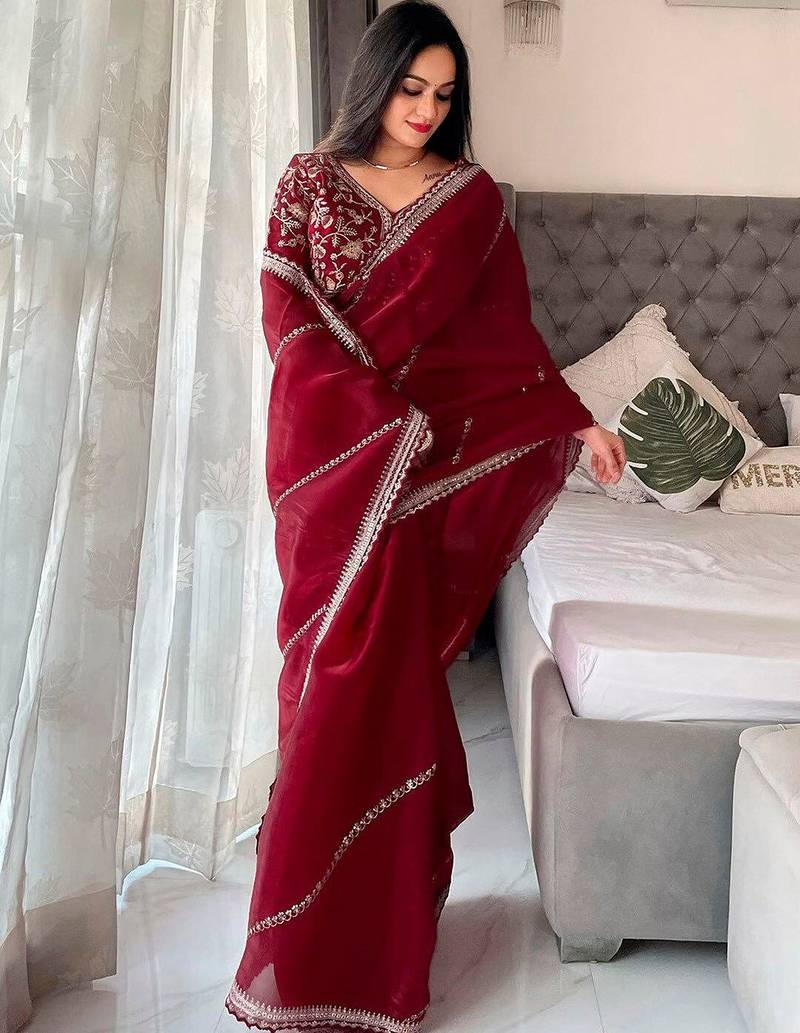 Maroon embellished embroidered organza saree