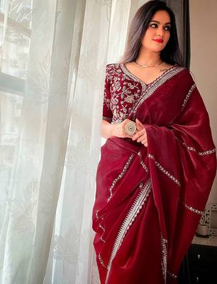 Maroon embellished embroidered organza saree 2
