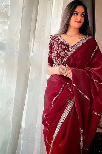 Maroon embellished embroidered organza saree