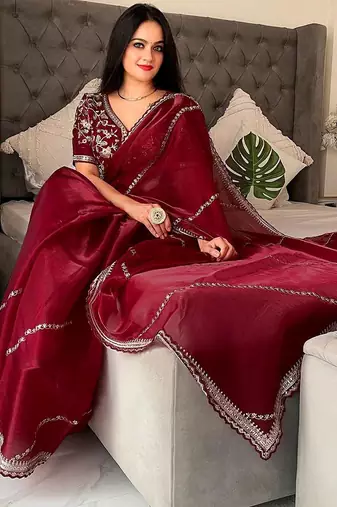 Maroon embellished embroidered organza saree