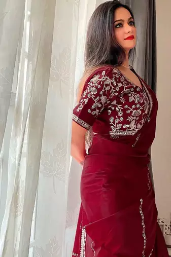 Maroon embellished embroidered organza saree