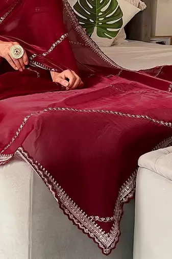 Maroon embellished embroidered organza saree