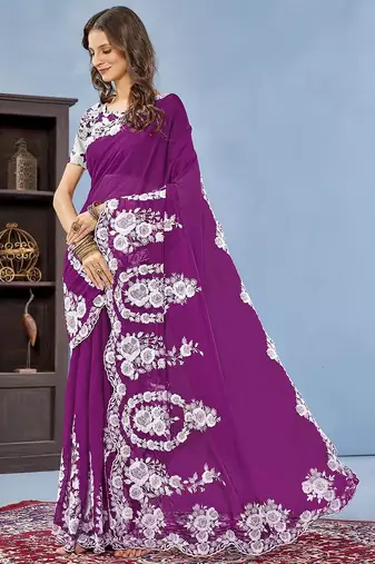 Purple ethnic embroidered organza saree