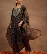 women ethnic motifs printed regular thread work kurta with trousers & with dupatta