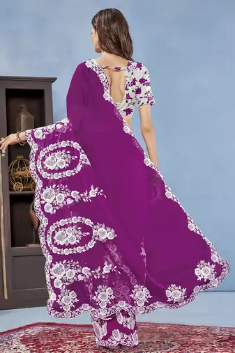 Purple ethnic embroidered organza saree