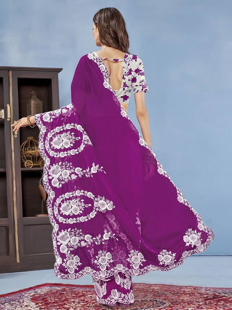 Purple ethnic embroidered organza saree