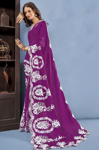 Purple ethnic embroidered organza saree