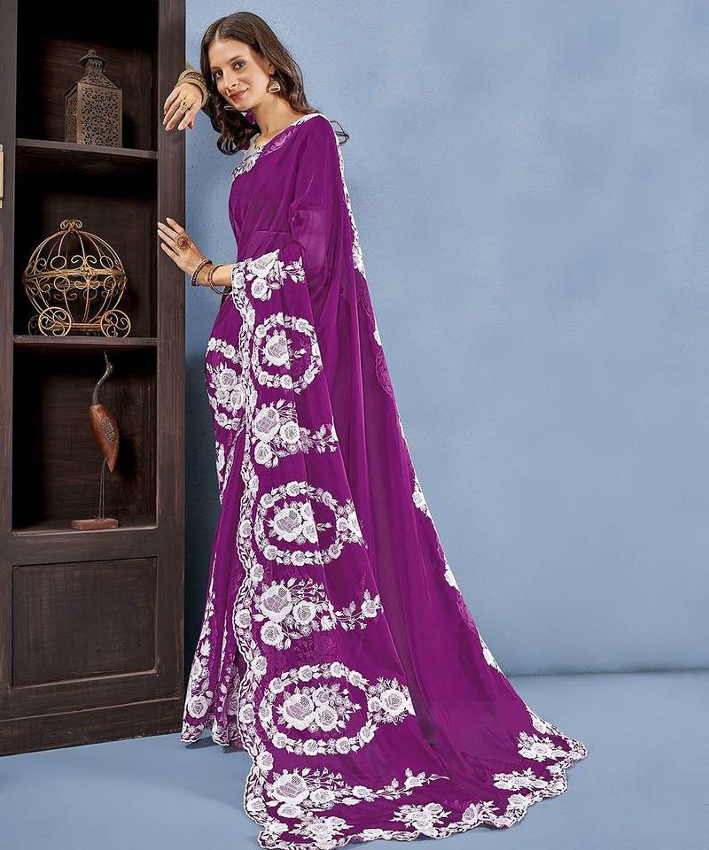 Purple ethnic embroidered organza saree