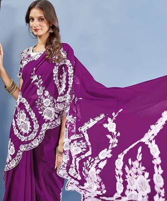 Purple ethnic embroidered organza saree 4