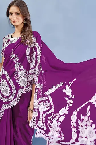 Purple ethnic embroidered organza saree