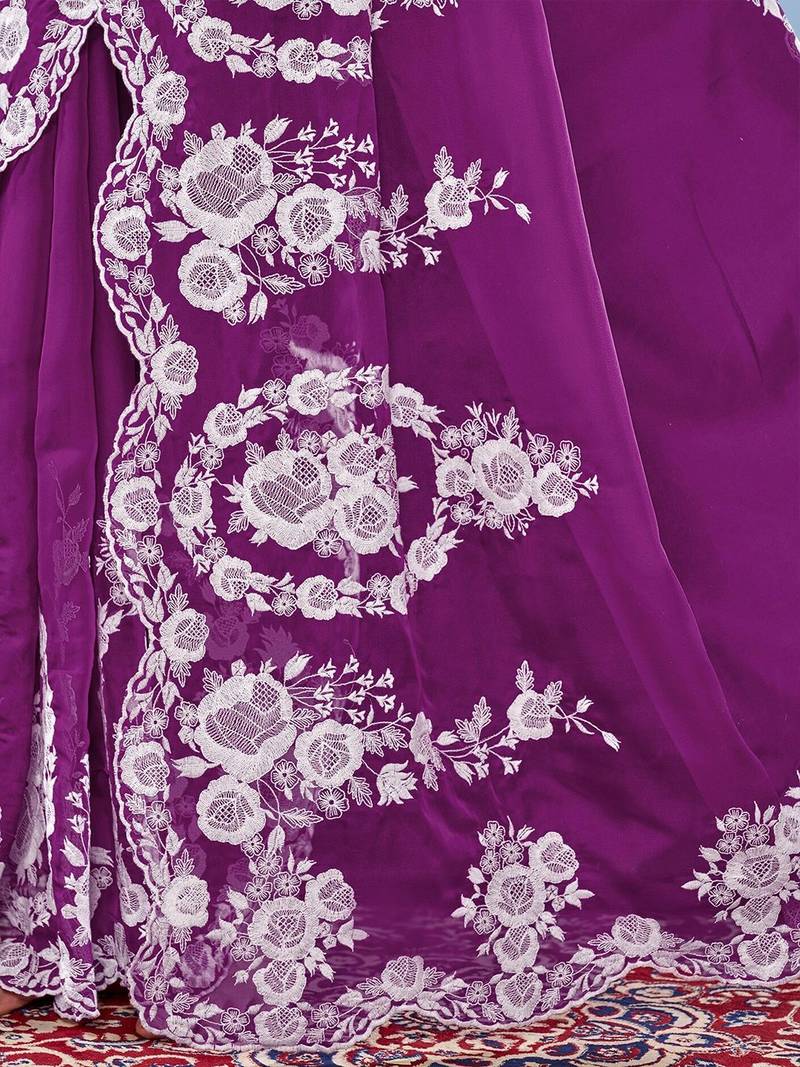 Purple ethnic embroidered organza saree