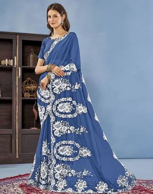 Blue floral embroidered organza saree 1