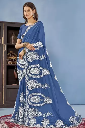 Blue floral embroidered organza saree